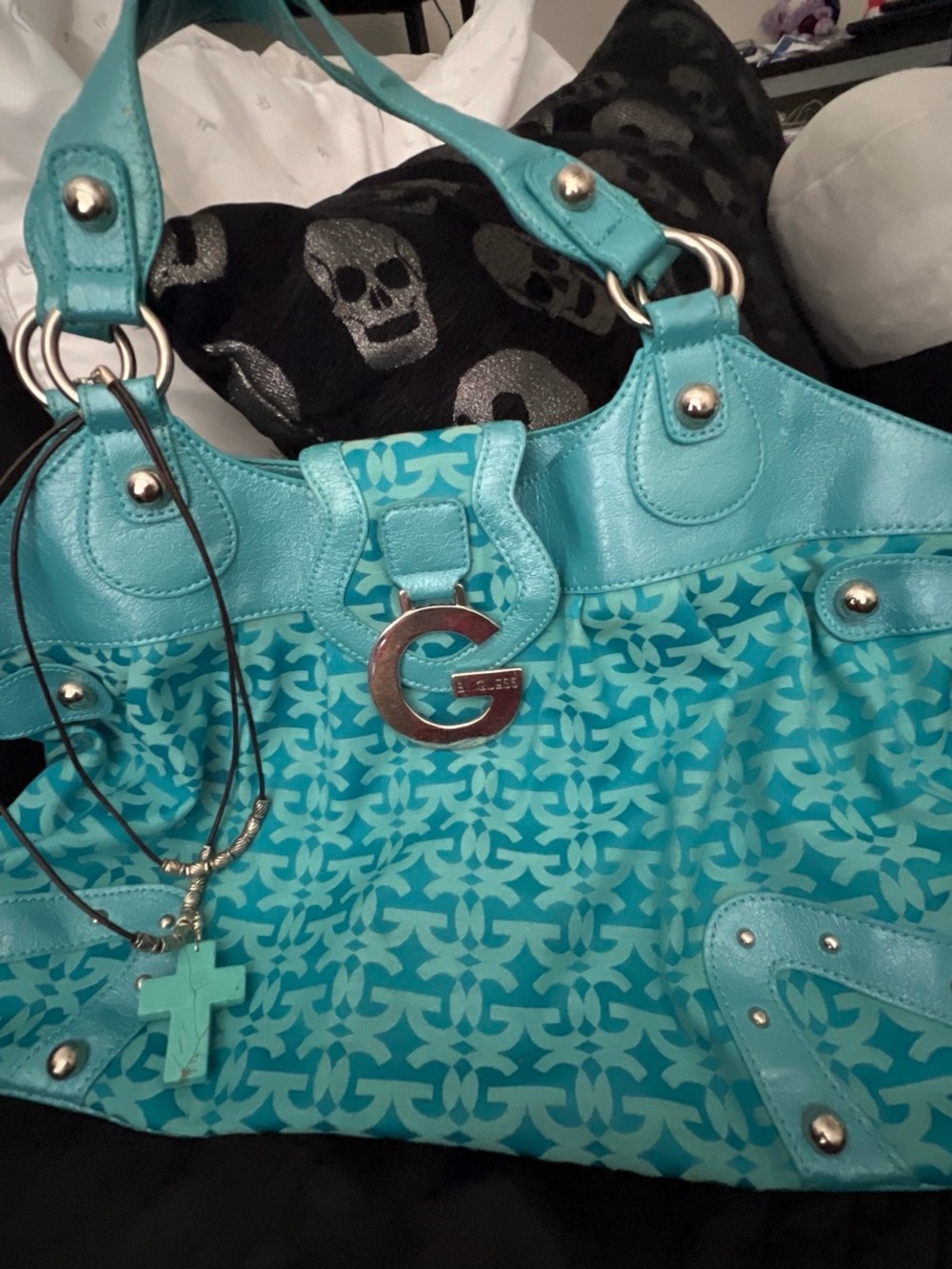 Guess Aqua Patterned Shoulder Tote with G Logo